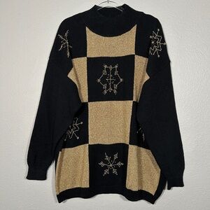 Maurada women size 2X Christmas sweater black gold beaded snowflake ramie VTG